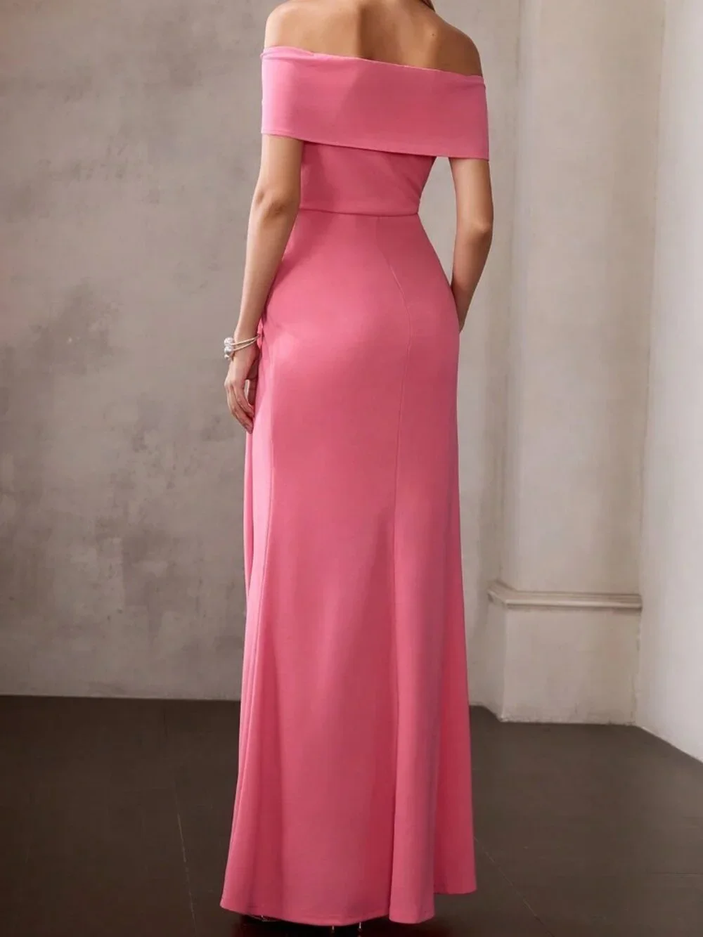 Hot Pink Elegant Women's Ruched Off-Shoulder Long Dress - Picture 2 of 6
